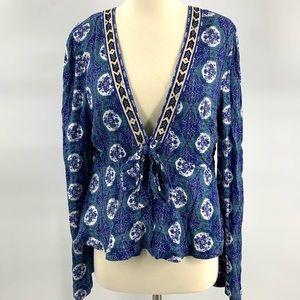 Free People Bell Sleeve Deep V neck top size large